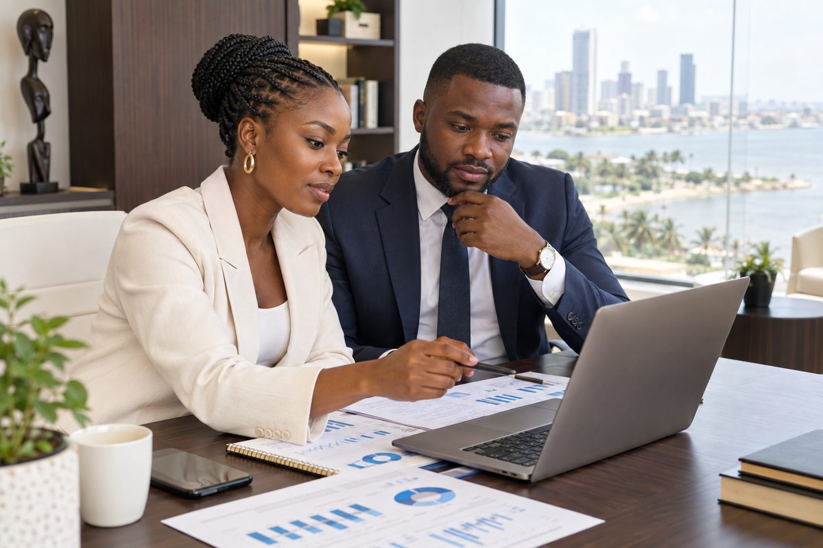 Deux consultants de Business Expander analysant des états financiers dans un bureau à Abidjan