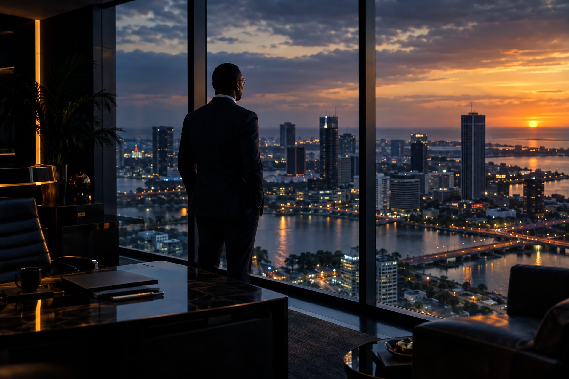 Vue sur le quartier des affaires d'Abidjan au crépuscule depuis un bureau